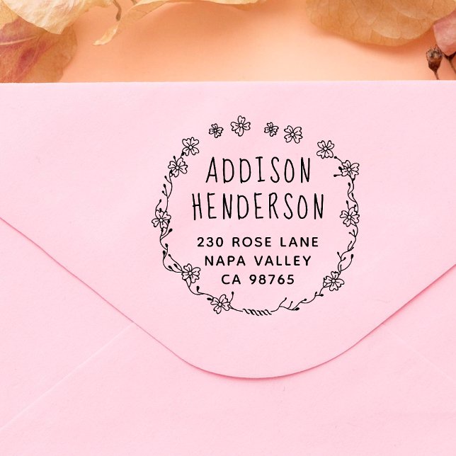 Botanical Wreath Custom Name & Return Address Rubber Stamp (Rubber Stamp Mock-up)