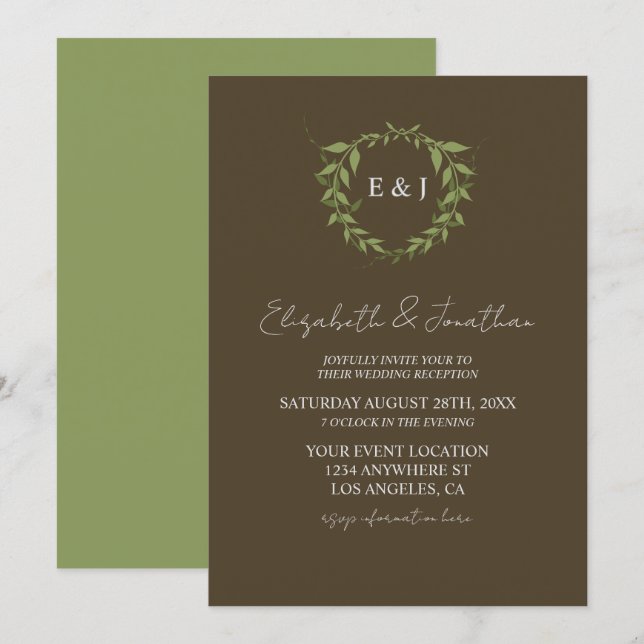 Botanical Wreath Earth Tone Wedding Reception Invitation (Front/Back)