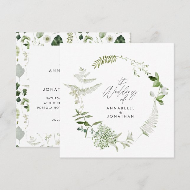 Botanical wreath elegant modern delicate wedding invitation (Front/Back)