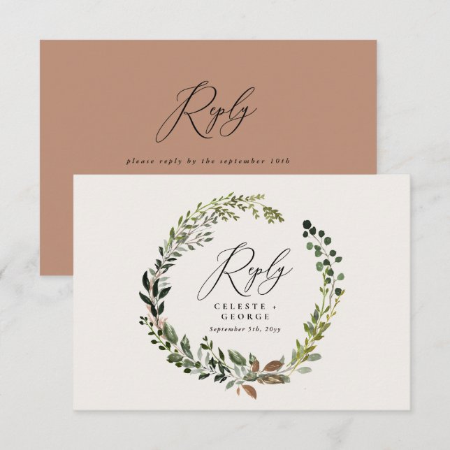 Botanical wreath elegant wedding reply RSVP card (Front/Back)