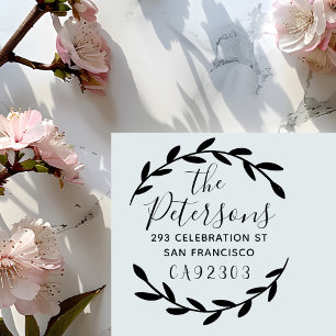 Botanical Wreath Family Name Script Return Address Self-inking Stamp