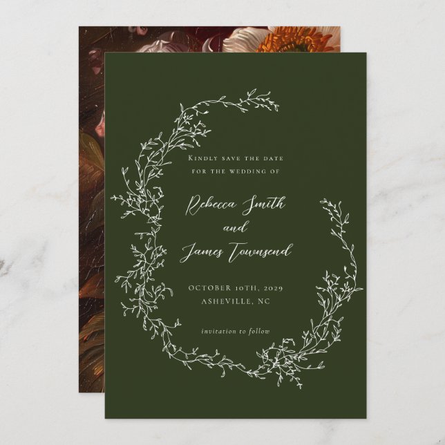 Botanical Wreath Fine Art Painting Olive Wedding Save The Date (Front/Back)