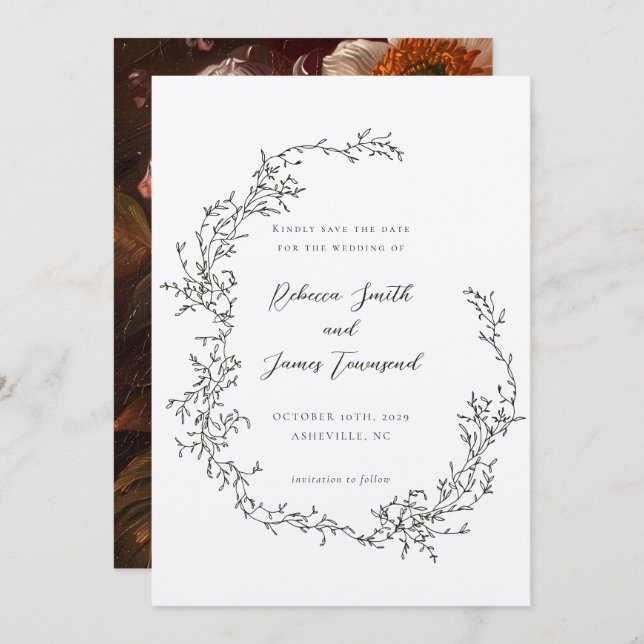 Botanical Wreath Fine Art Painting Olive Wedding Save The Date (Front/Back)