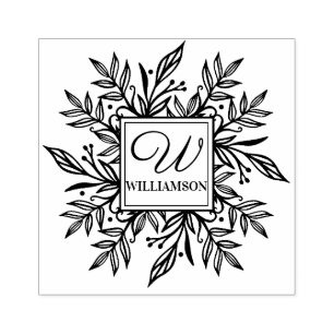 Botanical Wreath Greenery Family Name & Monogram Rubber Stamp
