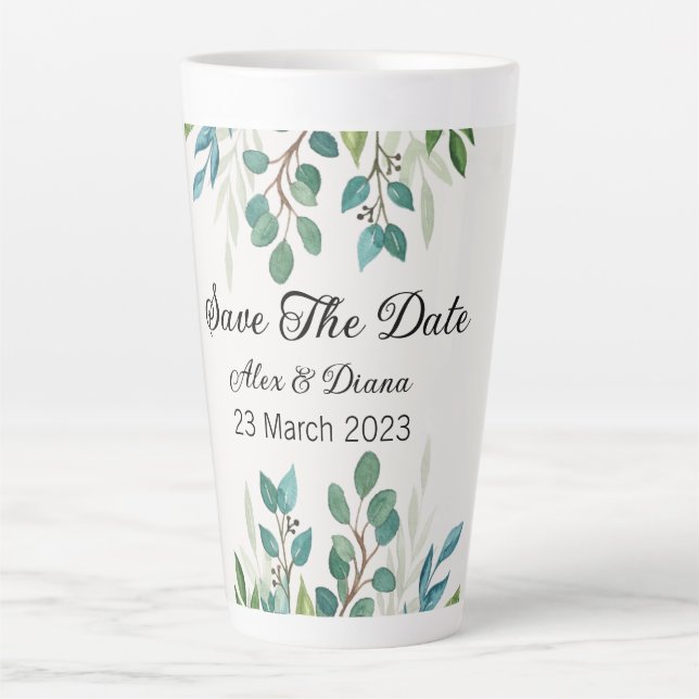 Botanical wreath Greenery square save the Date Latte Mug (Front)