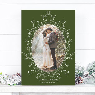 Botanical Wreath Married and Merry Photo Evergreen Holiday Card