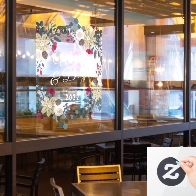 Botanical wreath merry and bright Retaurant Window Cling (Restaurant Window)