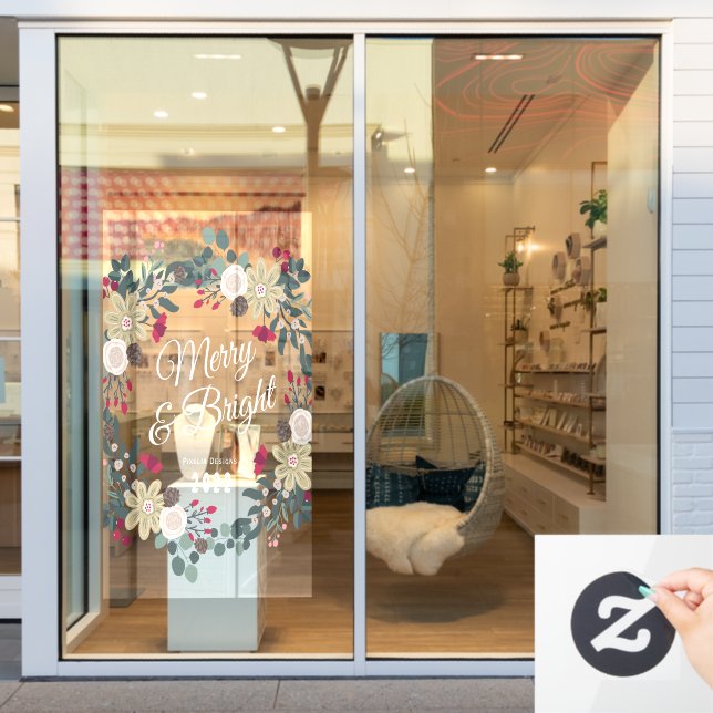 Botanical wreath merry and bright store window cling (Store Window)