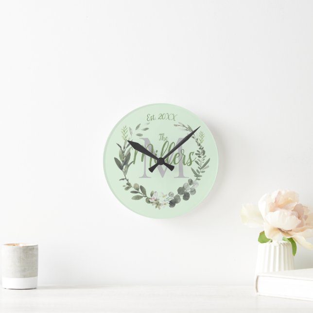 Botanical Wreath Monogram Family Name  Round Clock (Home)