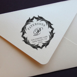 Botanical Wreath Monogram Return Address Rubber Stamp