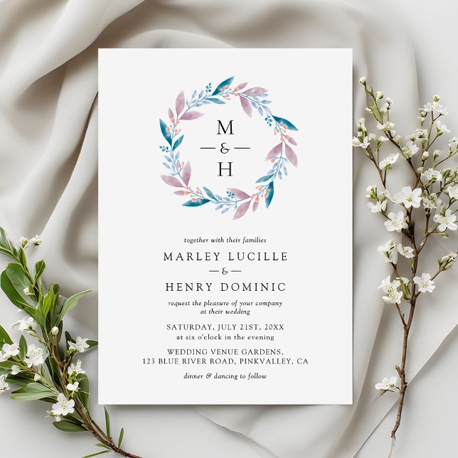 Botanical Wreath Monogram Spring Garden Wedding Invitation (Creator Uploaded)