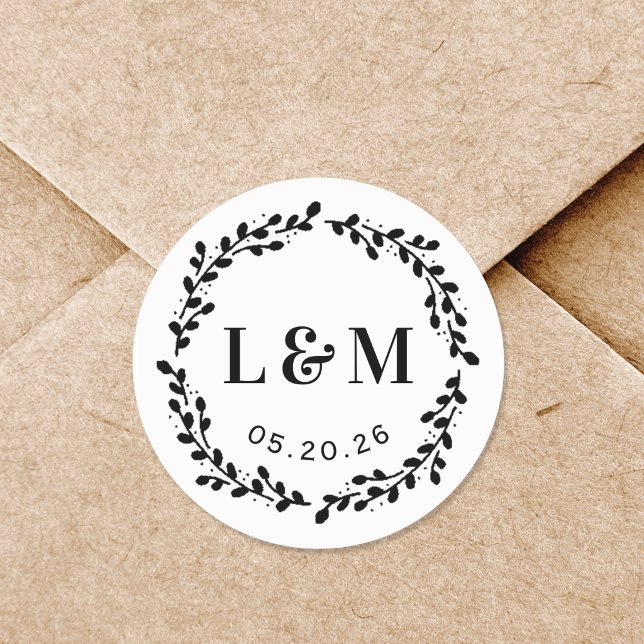 Botanical Wreath Monogram Wedding Save the Date Classic Round Sticker (Creator Uploaded)
