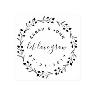 Botanical Wreath & Script Let Love Grow Wedding Rubber Stamp