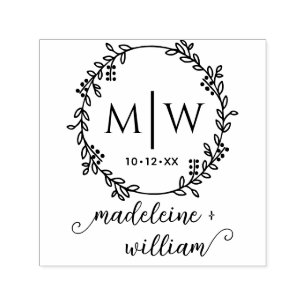 Botanical Wreath Two Init Names Wedding Monogram Self-inking Stamp