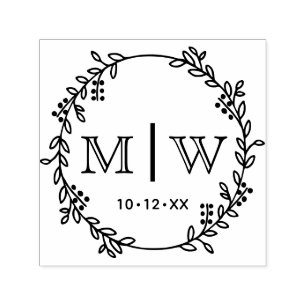 Botanical Wreath Two Initial Wedding Monogram CO Self-inking Stamp