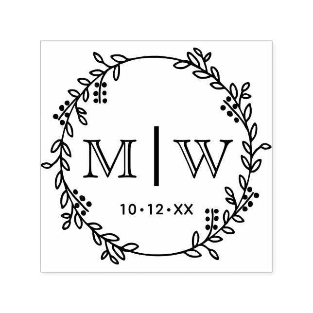 Botanical Wreath Two Initial Wedding Monogram CO Self-inking Stamp (Design)