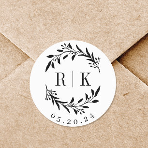 Botanical Wreath Wedding Monogram Classic Round Sticker