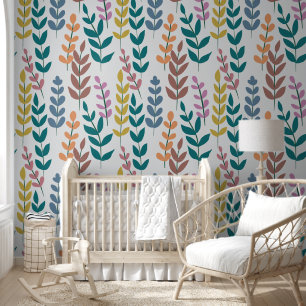 Botanical Yellow Grey Blue Orange Pink Leaves Wallpaper