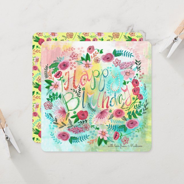 Botanical Yellow & pink Spring Floral Flowers Card (Front/Back In Situ)