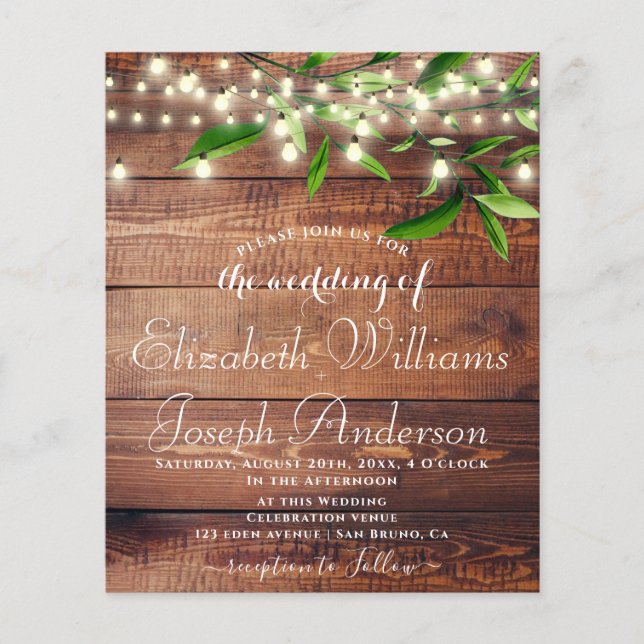 BotanicalFoliage Rustic Wood Lights String wedding Flyer (Front)