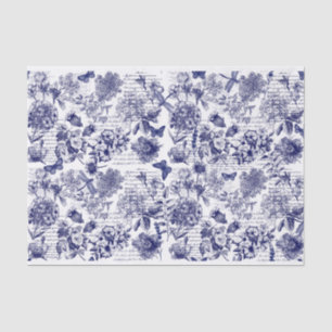 Botanicals in blue with script decoupage tissue paper