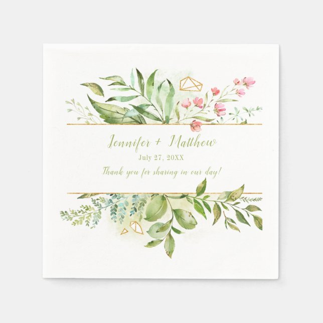 Botanicals Pink Flowers Gold Geometric Reception Napkin (Front)