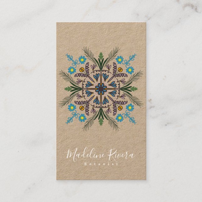 Botany Florist  Yoga Greenery Mandala Kraft Business Card (Front)