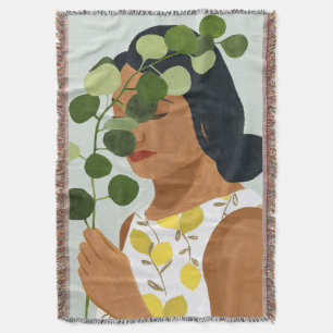 Botany Portrait - Woman with Greenery Throw Blanket