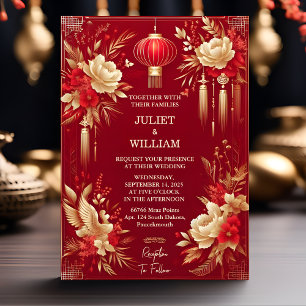 Both Asian Modern Floral Chinese Bilingual Wedding Invitation