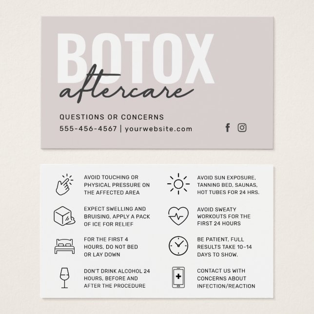 Botox Filler Injection Aftercare Instruction Card (Front & Back)