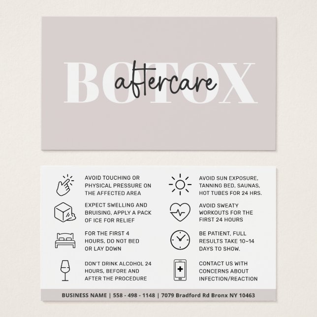 Botox Filler Injection Aftercare Instruction Card (Front & Back)