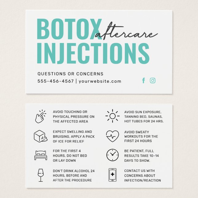 Botox Filler Injection Aftercare Instruction Card (Front & Back)
