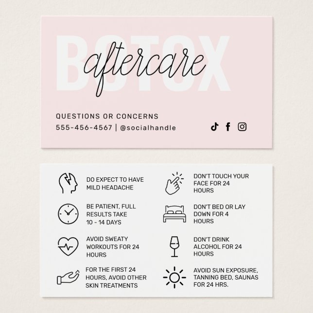 Botox Filler Injection Aftercare Instruction Card (Front & Back)