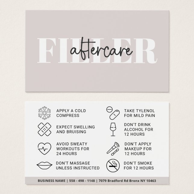 Botox Filler Injection Aftercare Instruction Card (Front & Back)