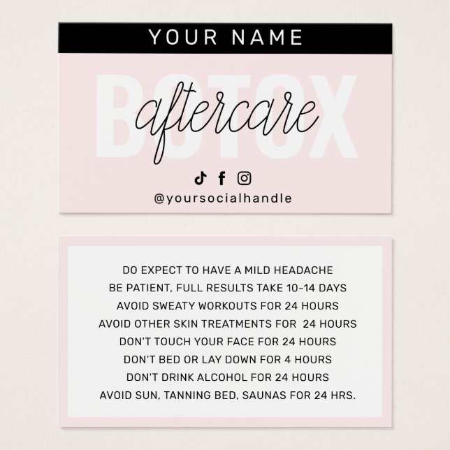 Botox Filler Injection Aftercare Instruction Card (Front & Back)