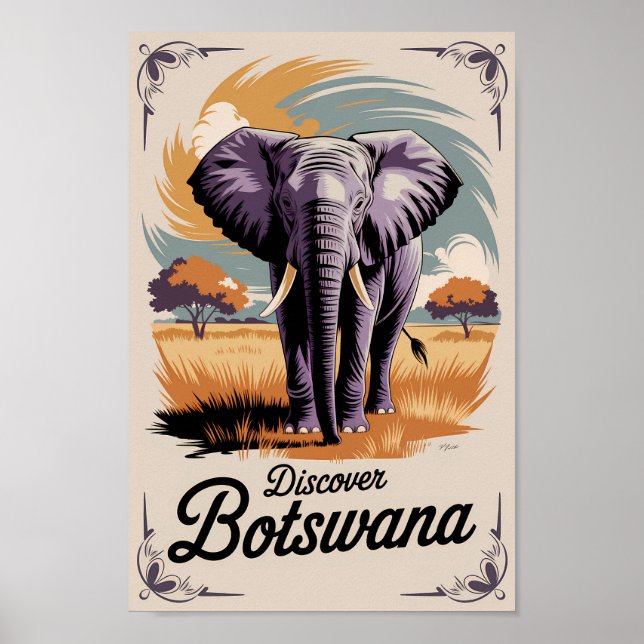 Botswana Elephant Illustration Travel Art Vintage Poster (Front)