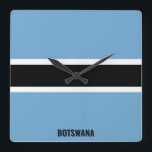 Botswana Flag Dazzling Patriotic Square Wall Clock<br><div class="desc">Botswana Flag Dazzling Patriotic Square Wall Clock in the colors and the elements of the Botswana national flag covering the front of the clock. National flag colors are complemented with the text "Botswana" on the bottom. Text is fully customizable using "Customize it!" feature. Feel free to change it, remove it...</div>