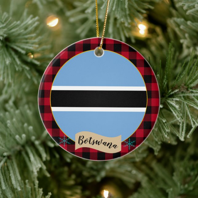 Botswana, Red buffalo plaid & Botswana Flag Ceramic Tree Decoration (Tree)