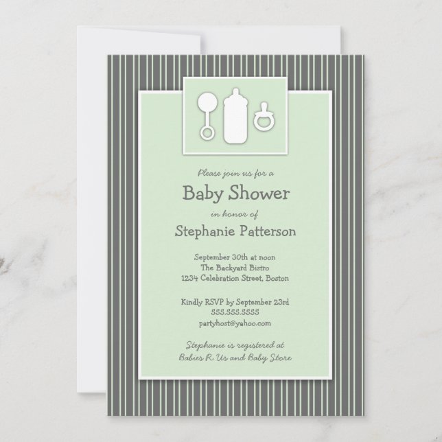 Bottle Binky Rattle Baby Shower Mint & Grey Invitation (Front)