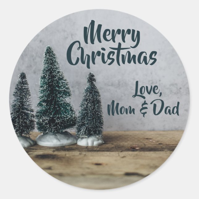 Bottle Brush Trees driftwood butcher block counter Classic Round Sticker (Front)