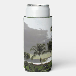 BOTTLE COOLER/PALM TREES AND SILVERY OCEAN AT DUSK SELTZER CAN COOLER