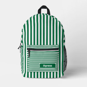 Bottle Green and White Vintage Striped Name Printed Backpack