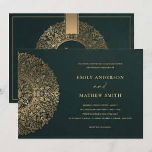 BOTTLE GREEN GOLD CLASSIC ORNATE MANDALA WEDDING INVITATION
