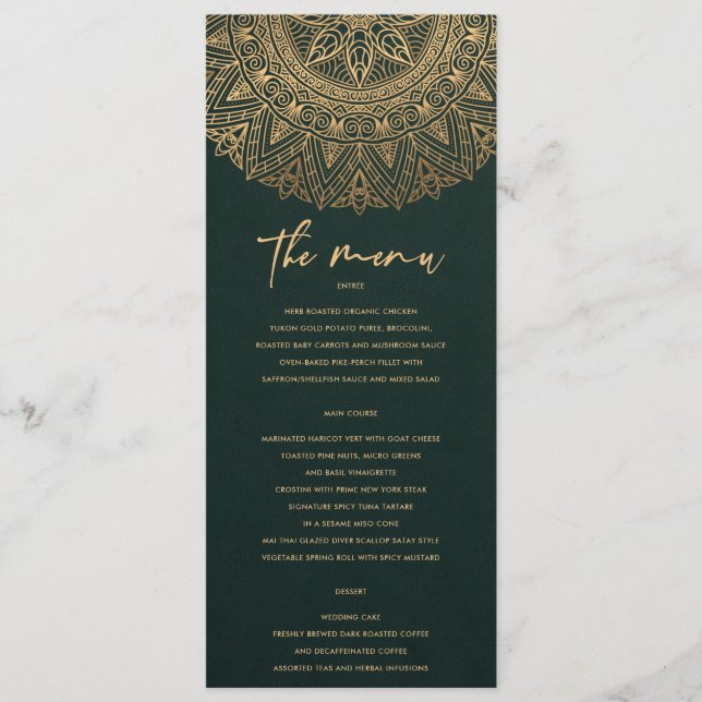 BOTTLE GREEN GOLD CLASSIC ORNATE MANDALA WEDDING MENU (Front)
