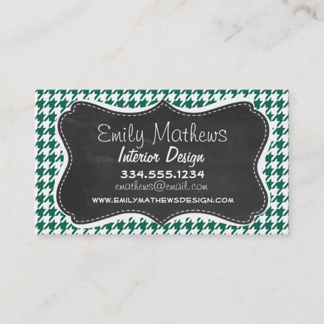 Bottle Green Houndstooth; Retro Chalkboard Business Card (Front)