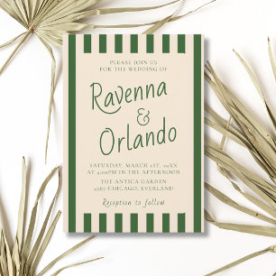 Bottle Green Stripes Retro Minimalist Wedding Invitation