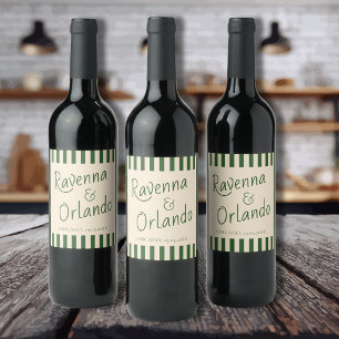 Bottle Green Stripes Retro Minimalist Wedding Wine Label