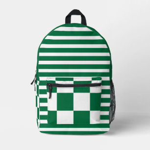 Bottle Green White Vintage Chequered and Striped Printed Backpack