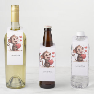 Bottle Hanger Tags Cute Monkey Love Red Hearts