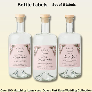 Bottle Labels, Pink Roses & Doves Liquor Bottle Label